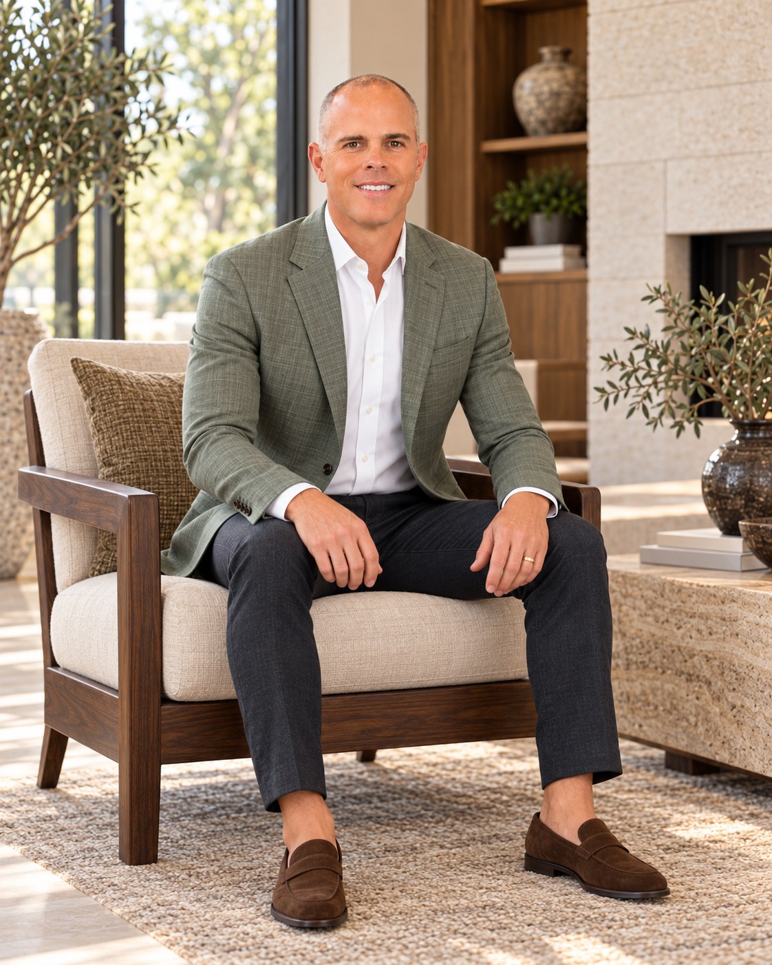 Michael G. Johnson seated in a sage blazer with both feet on the floor