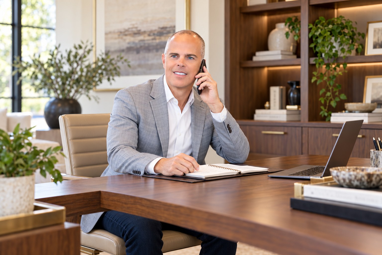 Michael G. Johnson working through a real estate conversation by phone