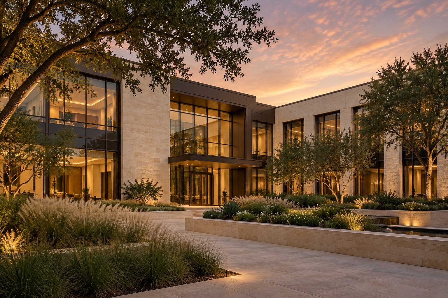 Illustrative limestone and glass commercial property