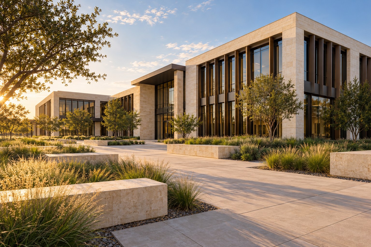 Illustrative limestone and bronze commercial office campus