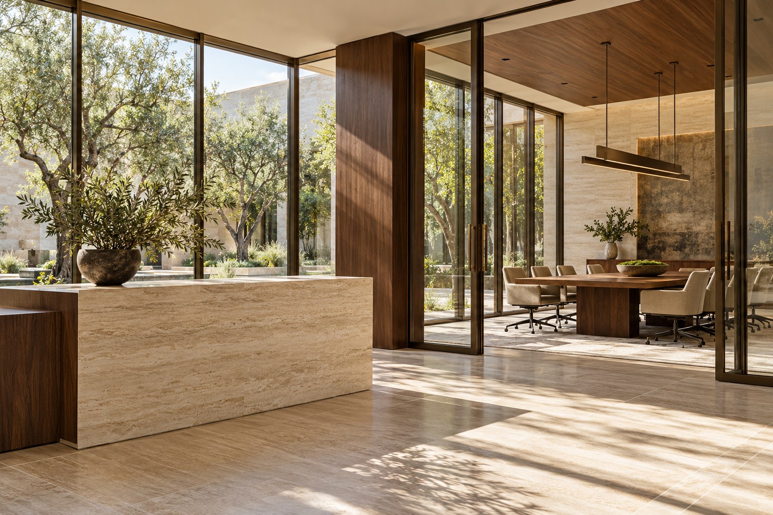 Illustrative commercial interior with glass and walnut details