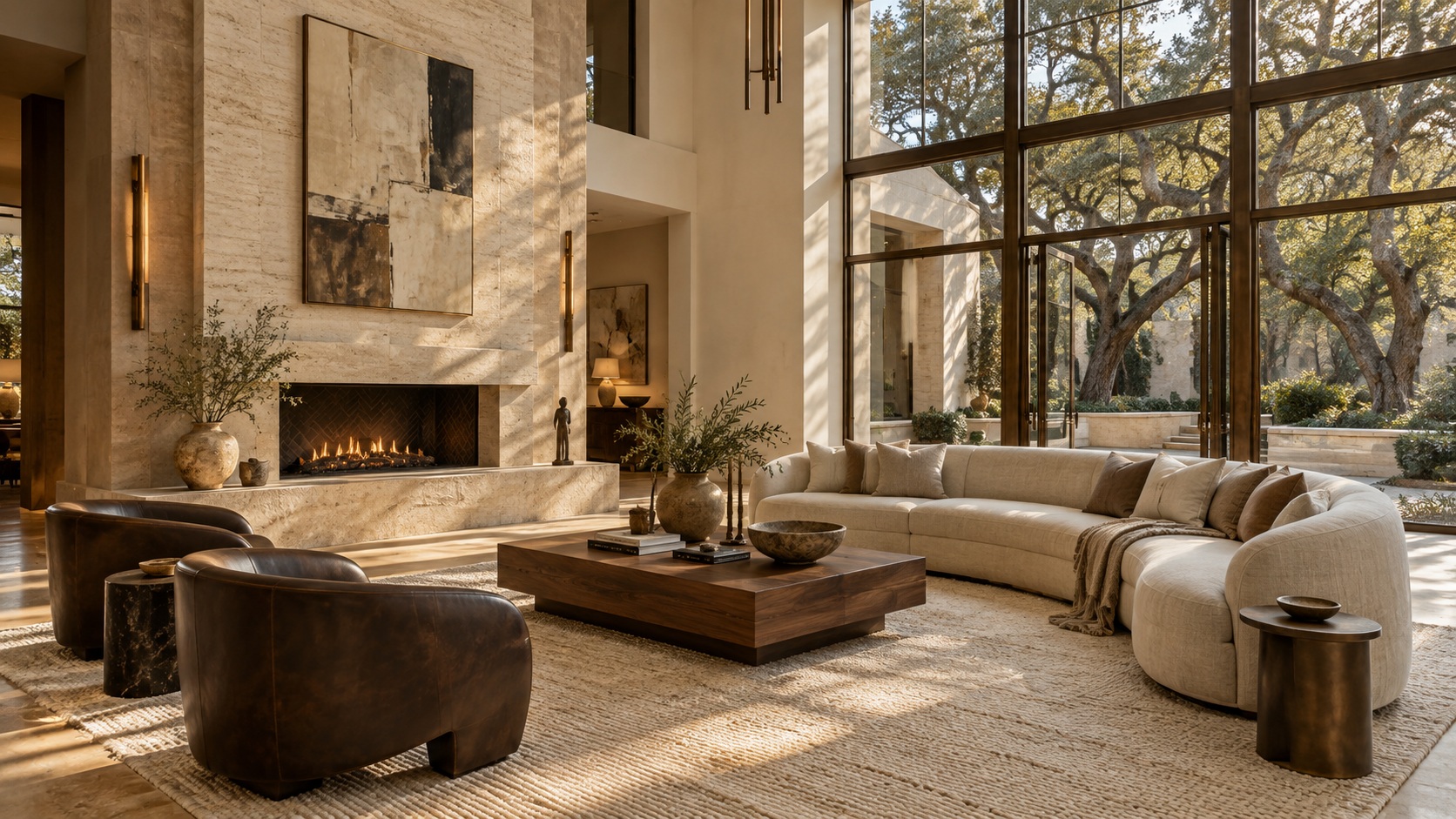 Illustrative limestone and walnut living room